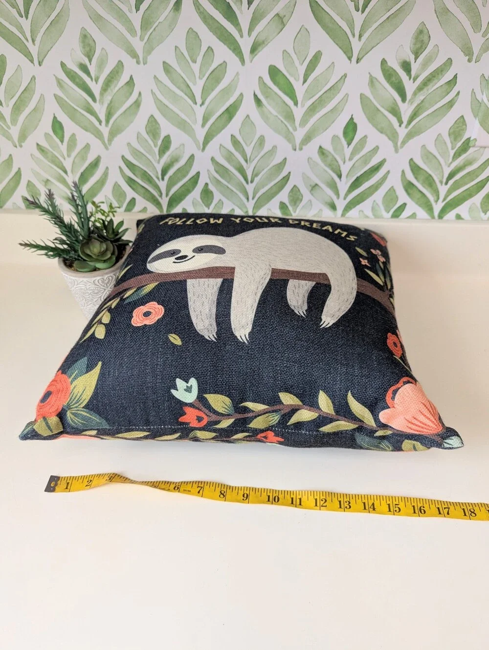 Follow Your Dreams Sloth Decorative Throw Pillow - Navy Floral